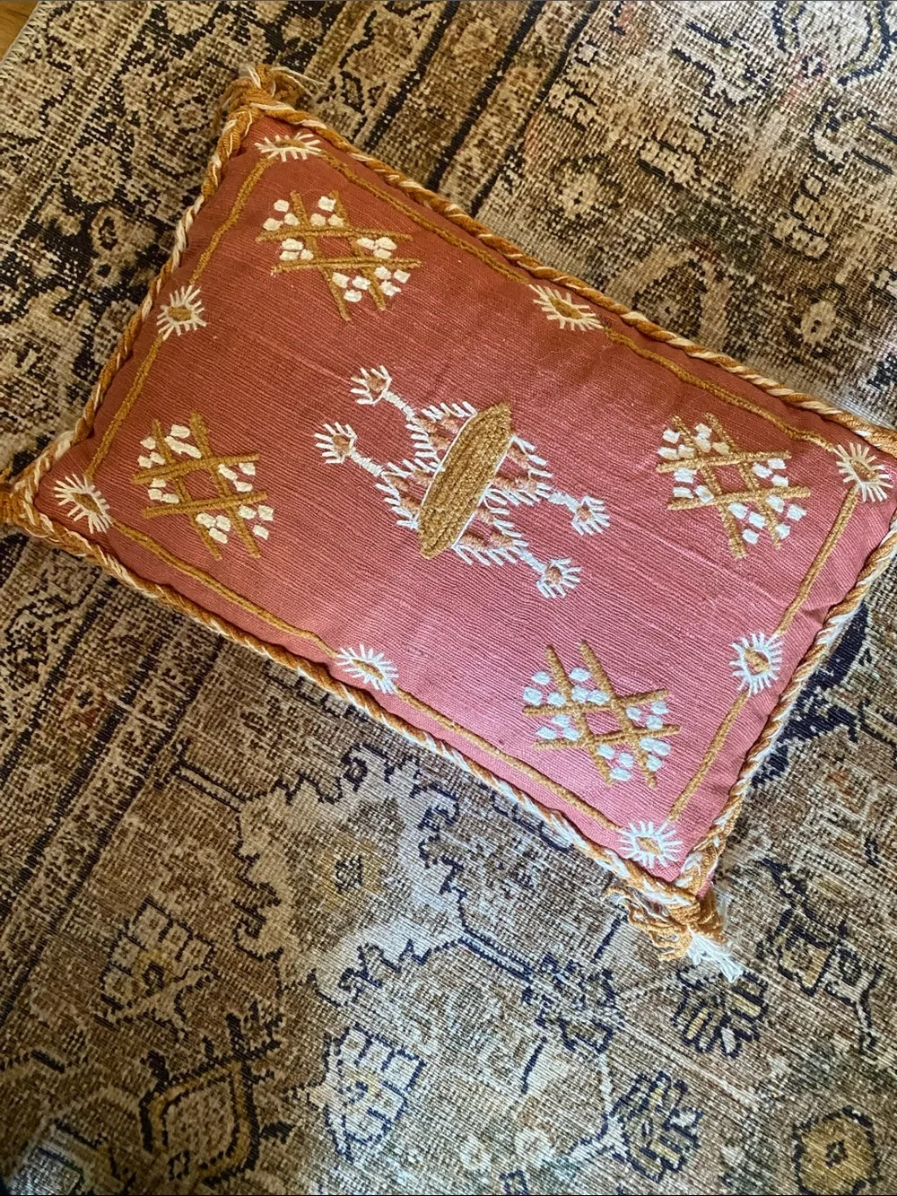 CREATIVE CO OP Embroidered Pink Throw Pillow with Gold Trim. SET OF TWO
